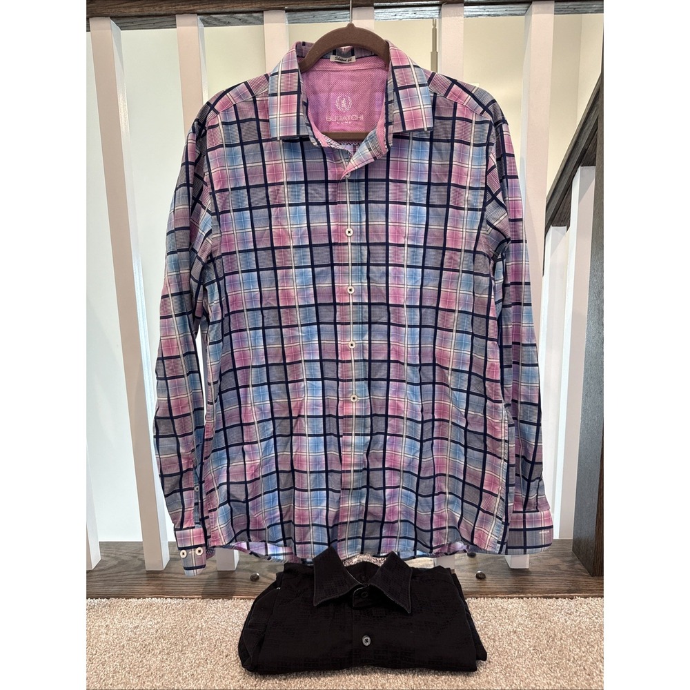 2 - Bugatchi Uomo Linen Men's Long Sleeve Button Front Casual Shaped Fit Shirt L